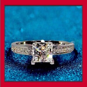 NEW SILVER SIMULATED DIAMOND PRINCESS SQUARE ENGAGEMENT SOLITAIRE RING